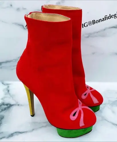 Charlotte Olympia Bella red yellow green suede colorblock mid-calf boots size 35