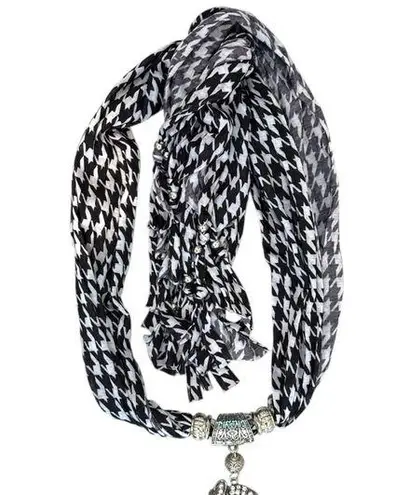 Black & White Houndstooth Scarf Silver Elephant Decorative Fringe