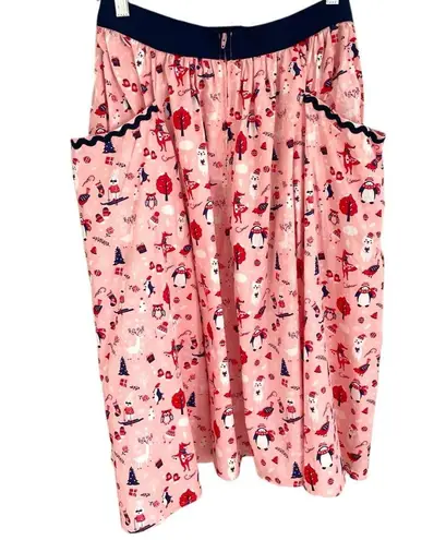 Unique Vintage Christmas Print Full Swing Skirt Cotton Pockets Winter Penguin