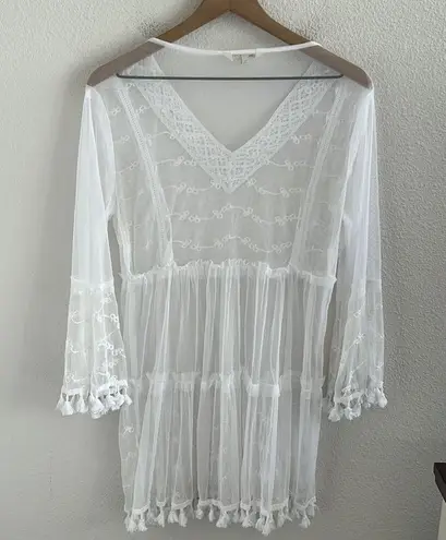 Coconut Bay White Mesh and Lace Boho Swim Beach Cover Up Dress Tunic Medium
