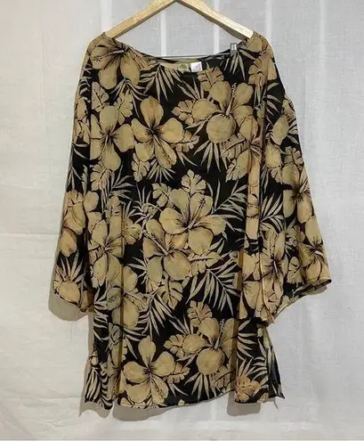 Islander 2X Black Beige Floral Tunic Blouse Top Hawaiian