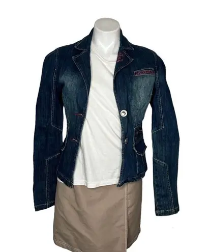 Rocawear Blue Denim Jean Jacket Pink Shiny Studs Distressed Blazer Size Medium