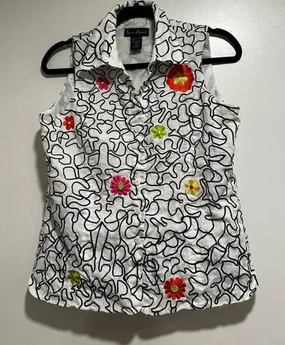 Mercer & Madison Women’s Sz: L Linen Vest Embroidered Bright Spring Flowers. White Size L