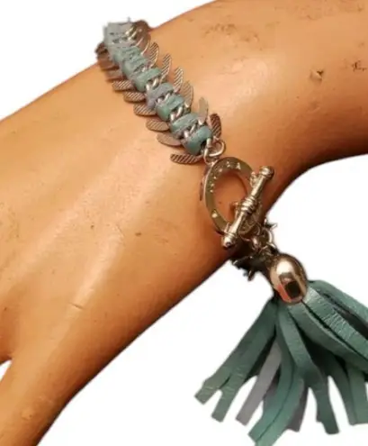 NISSA BLUE LEATHER WOVEN SILVERTONE WRAP CHAIN BRACELET TOGGLE CLOSURE Silver