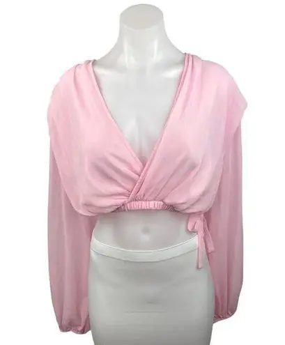 Missguided  Pink Deep V Long Sleeve Elastic Wait Cropped Blouse Top Size 4