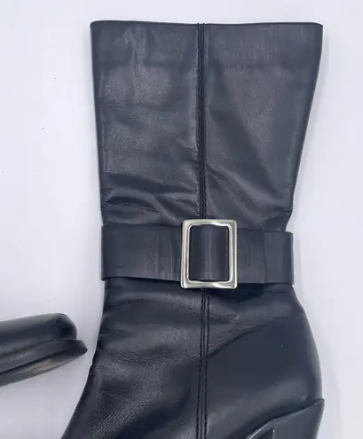 Vintage Y2K Black Leather Square Toe Buckle Strap Heeled Boots Size 9.5 Biker