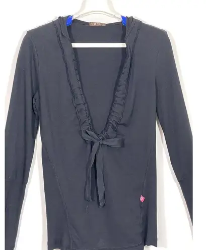 XCVI Black Top Hoodie Pull Over Long Sleeve Deep V Neck Womens Size Small