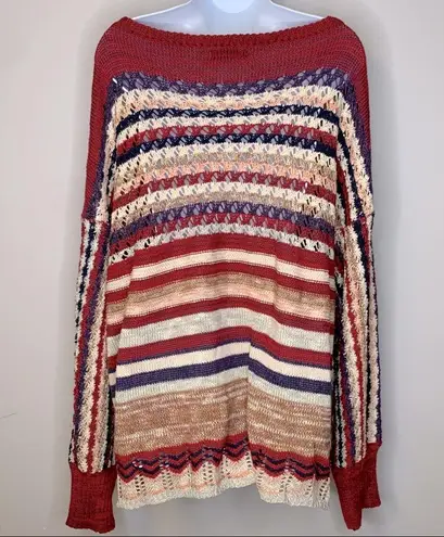 Umgee Boho Oversized Red Stripe Crochet Sweater