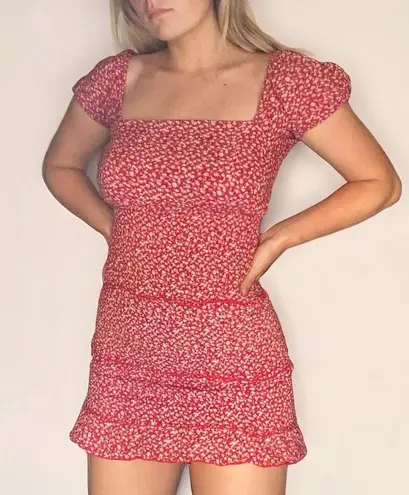 Sim & Sam Red Floral Smocked Mini Dress with Square Neck and Lace-Up Back