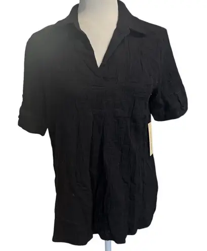Doe & Rae Black Crinkle Gauze Short Sleeve Top New With Tags 100% Cotton Size S