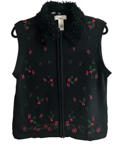 BECHAMEL Womens Ugly Christmas Vest Sweater Full Zip Size L Festive Ho Ho Ho Black Size L