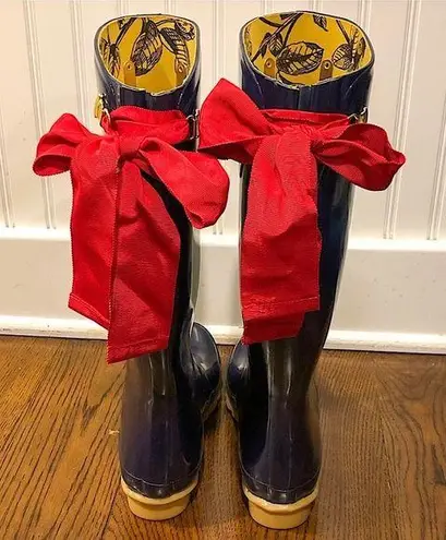 JOULES Navy Blue Tall Rain Boots with Red Bow and Toile Lining Size 9