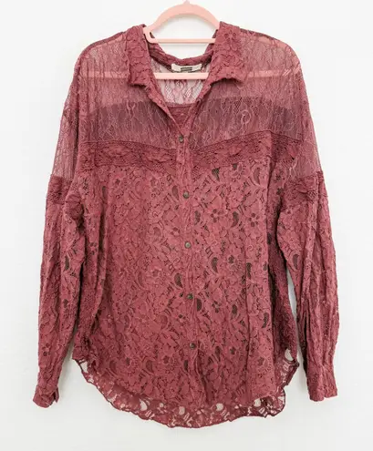 Gimmicks by BKE Gimmicks BKE Womens Lace Top Sz L Mauve Long Sleeve Boho Coquette Romantic Fairy