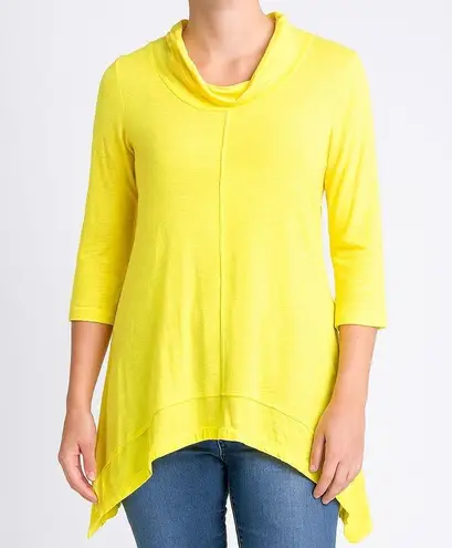 Neon Buddha Tunic Top Women Cowl Neck 3/4 Sleeve Asymmetrical Hem Yellow Size L Size L