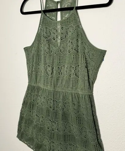 Pink Rose lace boho romper racer back olive green size L