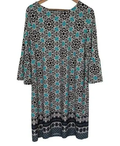 kim rogers Geo Print Shift Dress Black Teal Size Small Business Casual