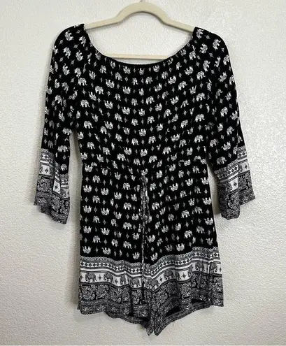 Depri Boho Black White Elephant Off the Shoulder Romper, Sz Medium