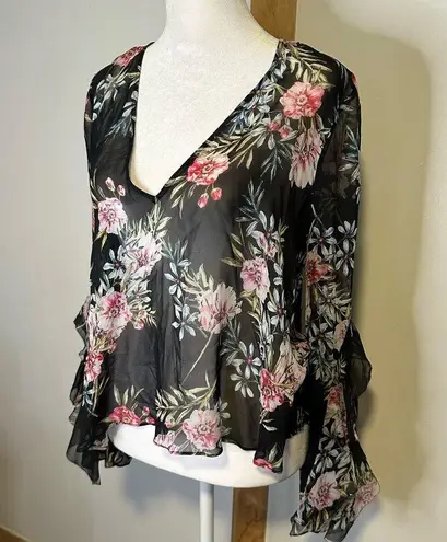Intermix black floral sheer long bell- sleeve top size S