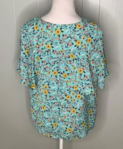 Wishful park  Turquoise & Yellow Flowers Boho Short Sleeves Flowy Top S