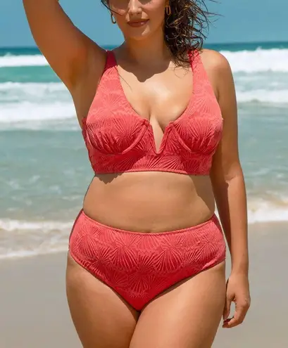Berlook Jacquard V Notch Plus Size Bikini Set Red