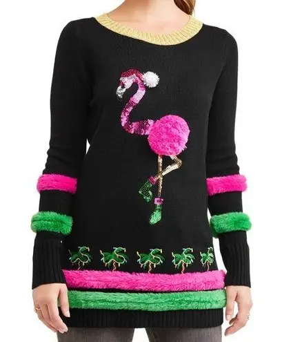 Ugly Christmas sweater pretty flamingo palm trees 99 Jane street tropics small Black