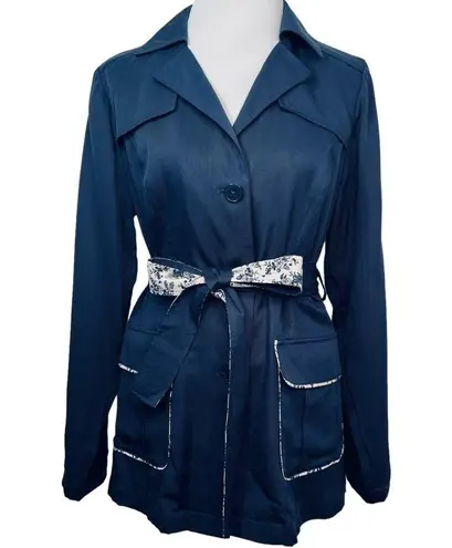 Laurie Felt Navy Fitted Belted Utility Jacket Blazer Contrast Printed Belt Sz 8