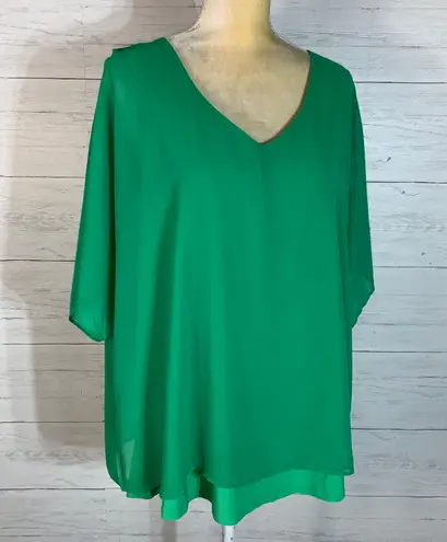 Nina Leonard V-Neck Chiffon Overlay Top Bright Green size 1X NWT