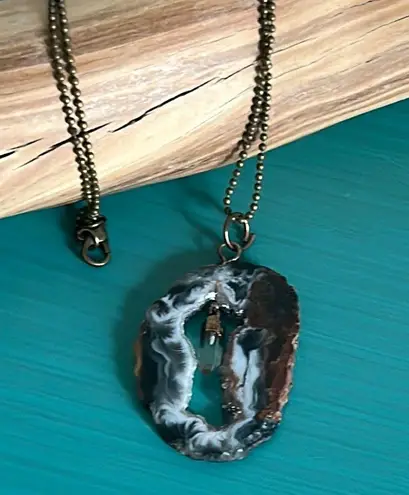 Sliced Orca Agate Geode Gemstone Pendant Necklace on 18” Ball Chain Brown