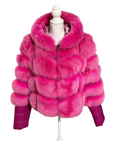 Smith Fine Furs Genuine Fox Fur Convertible Hooded Jacket To Vest Pink Dyed 2XL Size 2X