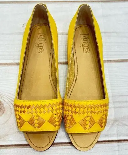 Latigo “Mabel” Yellow & Tan Woven Leather Western Style Peep Toe Flats Size 10