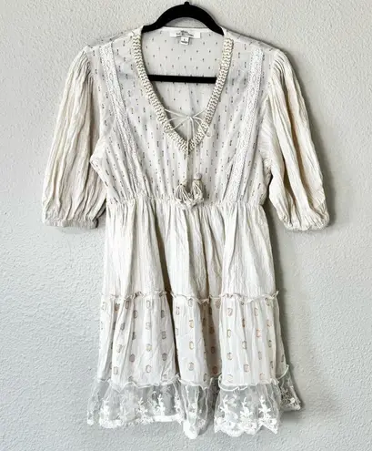 Turks & Caicos Cream & Gold Tiered Boho Lace Trim Mini Dress Size Large White