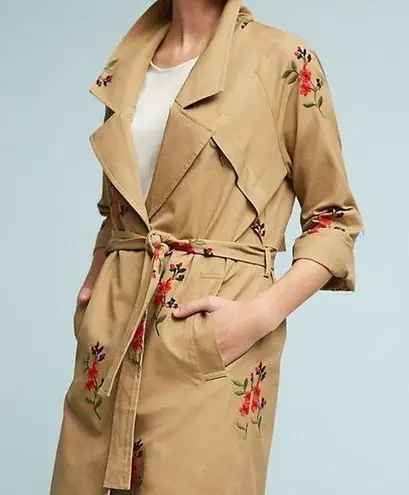 Anthropologie Embroidered Floral Trench Coat by Cartonnier size M Tan Size M
