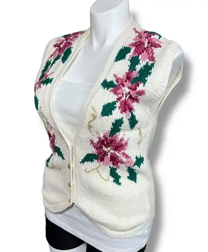 Vintage Lecomte Hand Knit Sweater Vest Sleeveless Cardigan Floral Button Down XL Pink