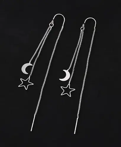 Silver Moon Star Threader Long Tassel Earring Chain, Drop Dangle Woman Earrings