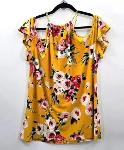 First Love 012.  Yellow Floral Cold Shoulder Short Sleeve Blouse Top 1XL