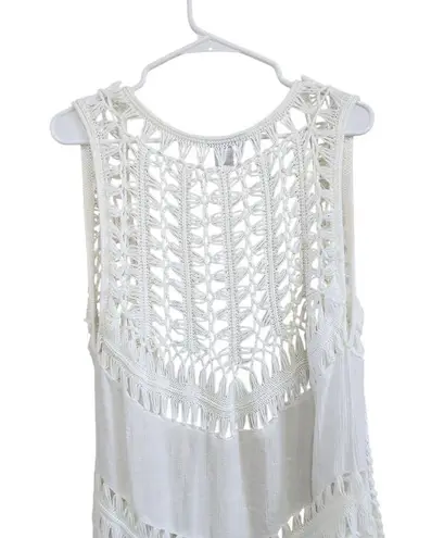 Vivid Crochet Knit Boho Open Front Beach Coverup Cardigan White Size Small
