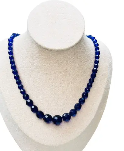 Vintage Deep Blue Faceted Glass Bead Necklace With Silver