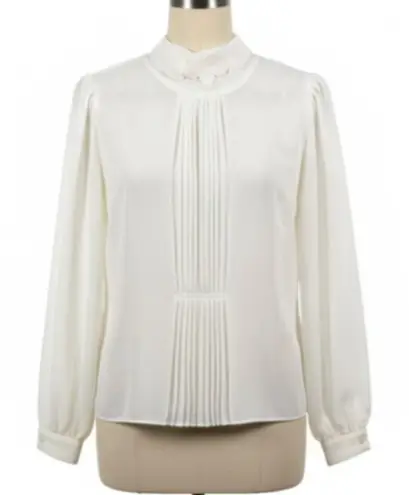 Vintage Glances Blouse M Cream Lace High Neck Pleated Puffy Sleeve Secretary Size M