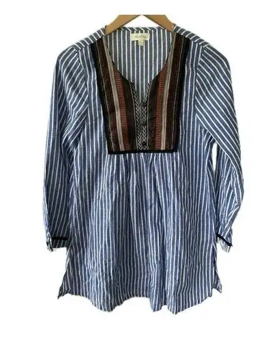 Velzera 100% Cotton Embroidered Applique Button Up Bib Stripe Long Sleeve Tunic