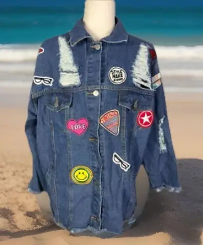 Boho VTG Style Distressed Patched Denim Fringed Raw Hem Oversized Jacket Size S - Image 2