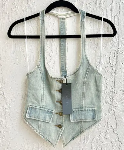 LIONESS NWT  NYC Sleeveleess Halter T-Back Vest Crop Top Faded Denim Women AU6/XS