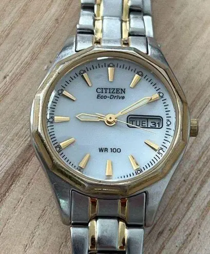 Citizen Eco-Drive Solar Ladies Watch Two Tone Bracelet White Dial Date Window