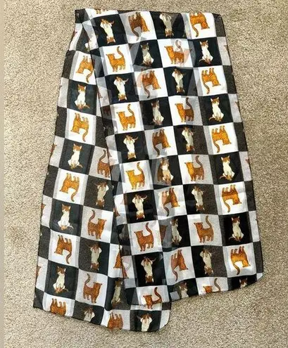 Black and white checkered orange cat print silky scarf