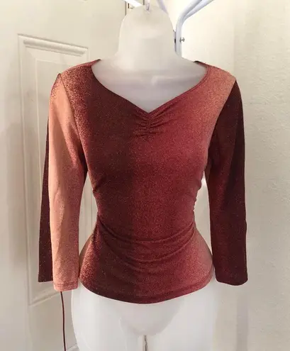 90s/2000s Vintage brown burgundy red shimmery ruched V