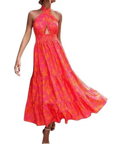 Flora Bea Floral Frasier Cross Halter Backless Flowy Pleated Maxi Dress M Orange Size M