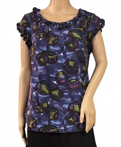Boden USA NWOT! Boden SILK Abstract Blue Sleeveless Blouse Top Ruffled Neck Lined Size 8