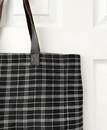 FEED Black White Grid Plaid Brown Leather Strap Tote Bag Nest Artisans