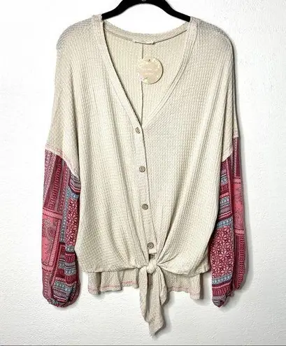 Hummingbird Boho Contrast Sheer Sleeve Thermal Top Size Small