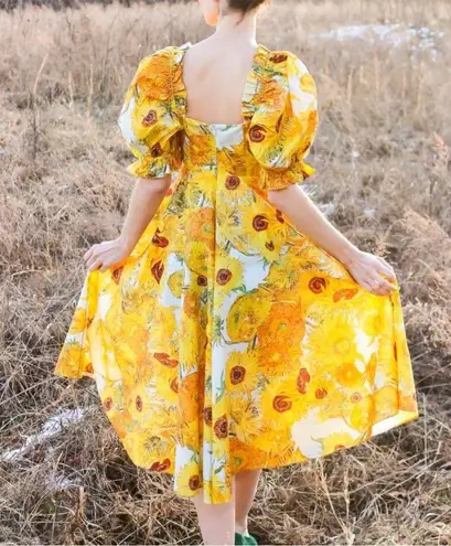 Selkie Tea Rose Dress Women’s Size Small Sunflowers Cotton Midi Puff Sleeve Yellow