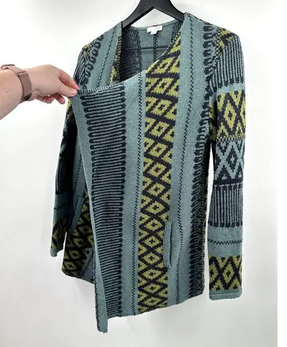 J. Jill Alpaca Wool Tribal Knit Sweater Fair Isle Open Front Cardigan Jacket XS Blue